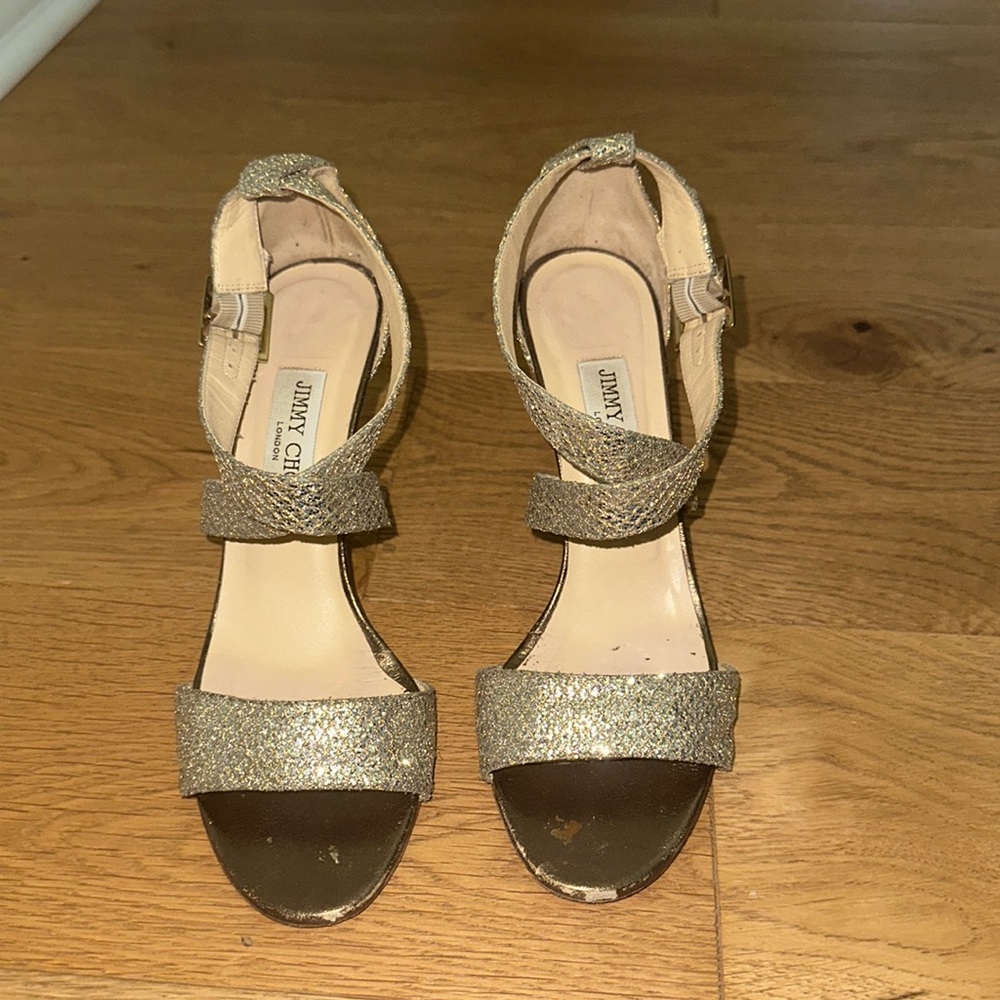 Jimmy choo gold glitter open toe 8.5 strappy wedges